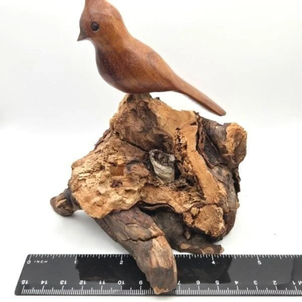 Hand Carved Wooden Bird on Driftwood Base • Rustic Folk Art Woodland‎ Decor